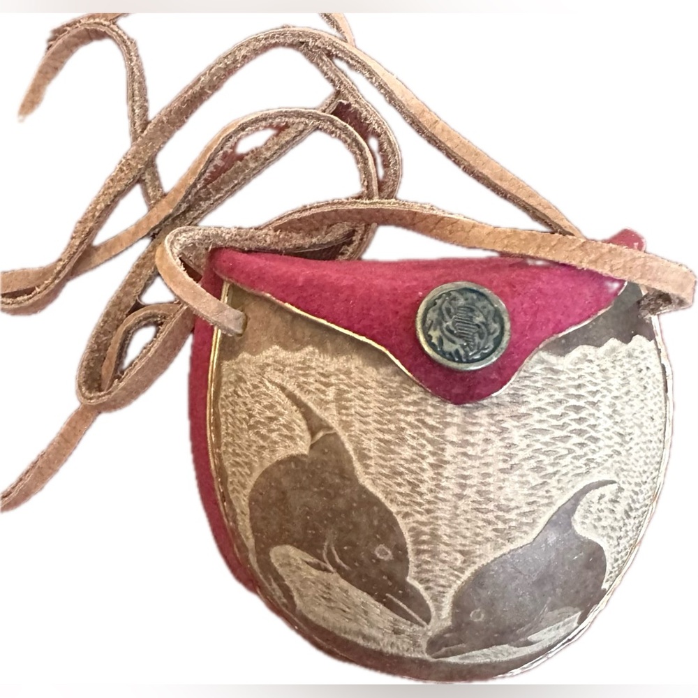 Artisan Handmade Coconut Shell & Suede Leather Bag Purse Hand Carved Dolphins